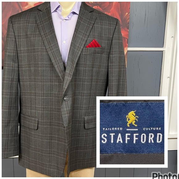 Stafford Year Round Blazer Mens 48R Polyester Wool Blend Stretch Gray/Brown